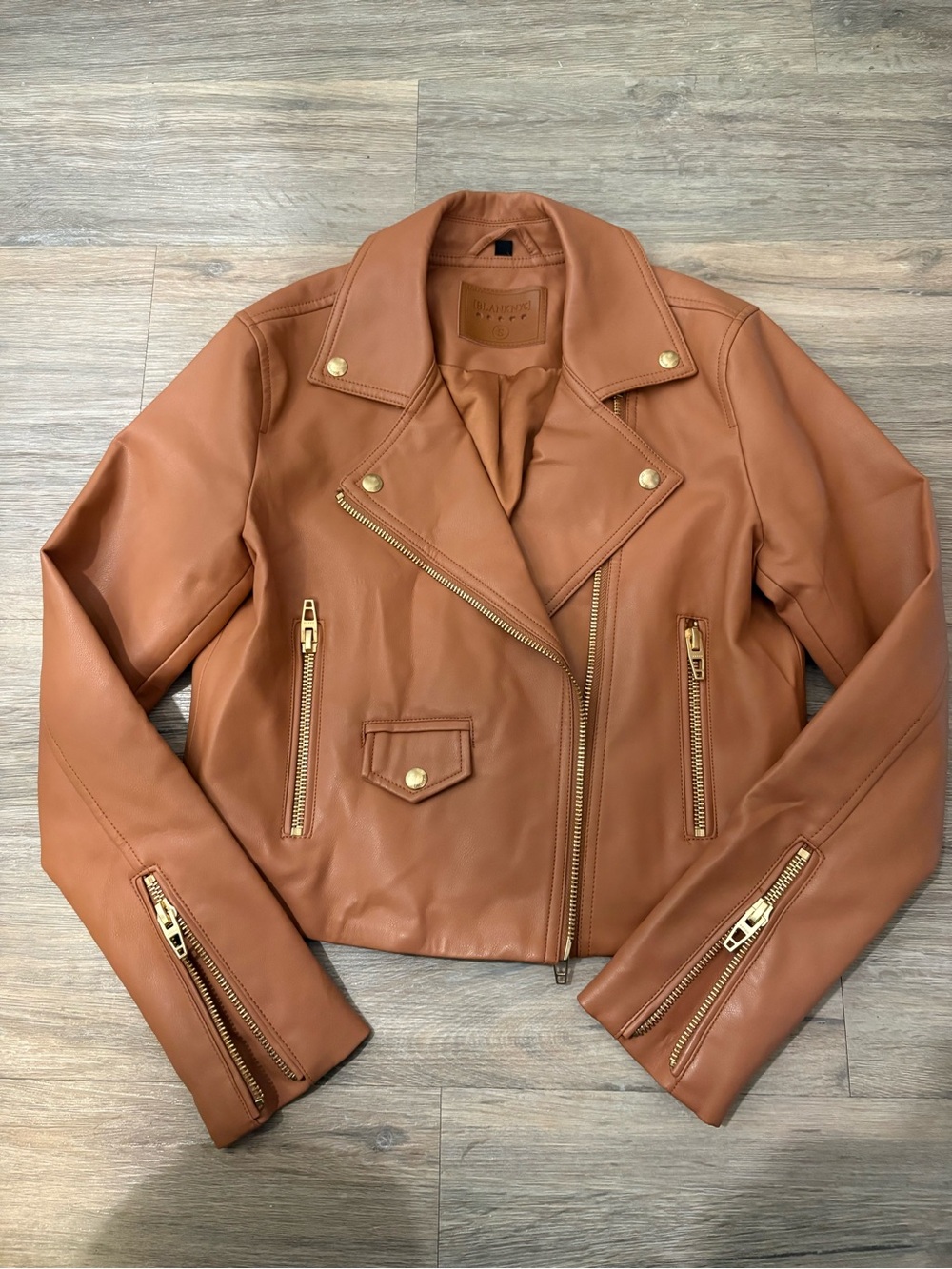 BLANK NYC Womens Tan Leather Moto Jacket with Gold Hardware S